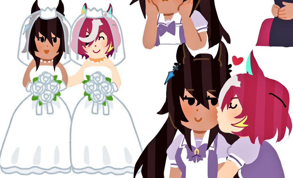 2girls, :d, ^_^, animal_ears, astronghouse, black_hair, bouquet, bridal_veil