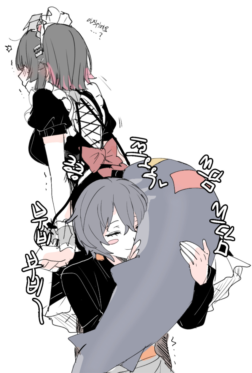 2girls, apron, back_bow, belle_(zenless_zone_zero), black_hair, black_shirt, blue_hair, blush