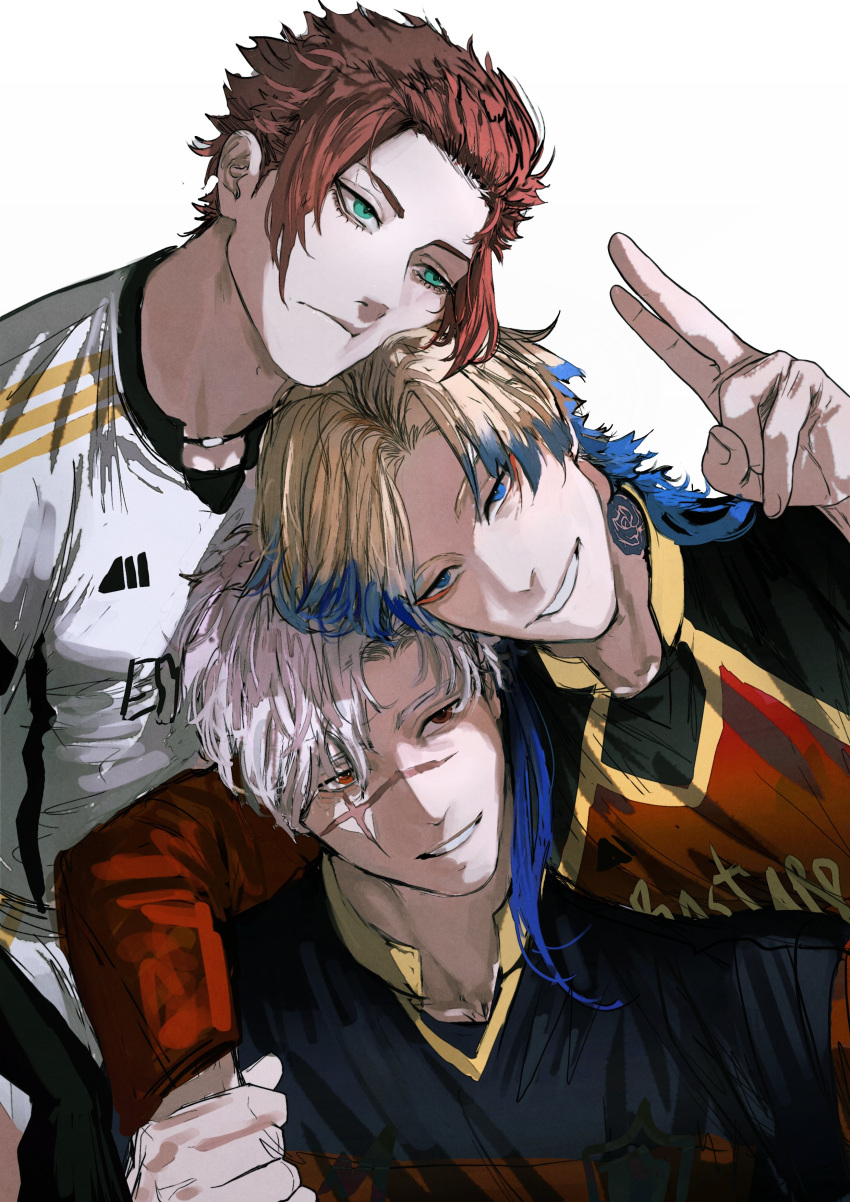 3boys, absurdres, aqua_eyes, blonde_hair, blue_eyes, blue_flower, blue_hair, blue_lock