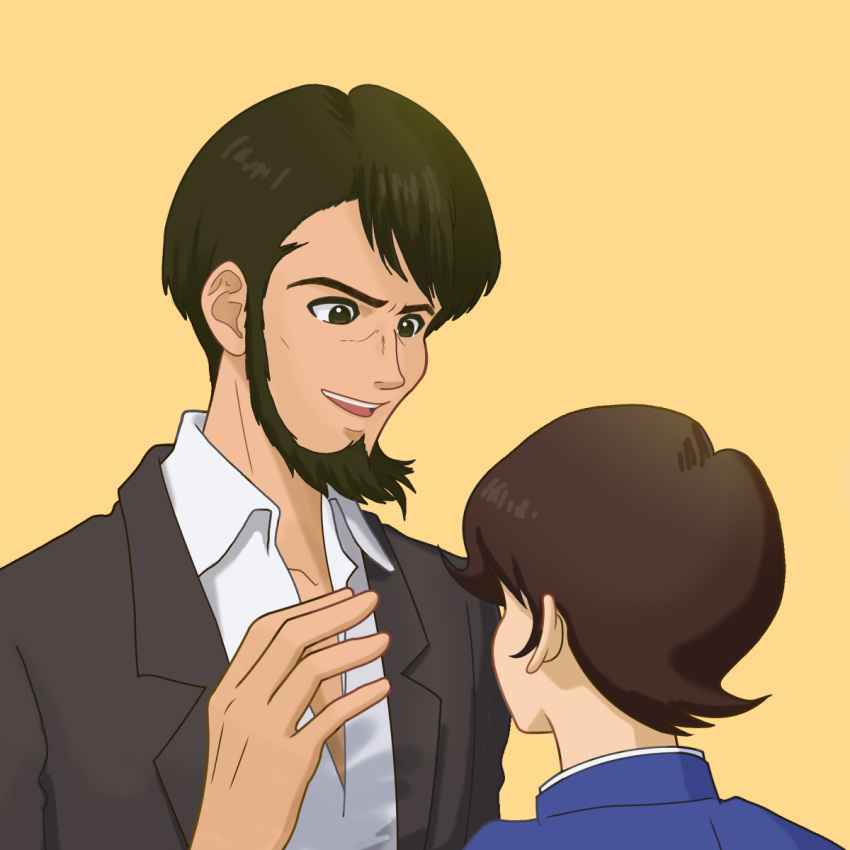 2boys, arsene_lupin_ii, arsene_lupin_iii, black_eyes, black_hair, black_jacket, brown_hair, commentary_request
