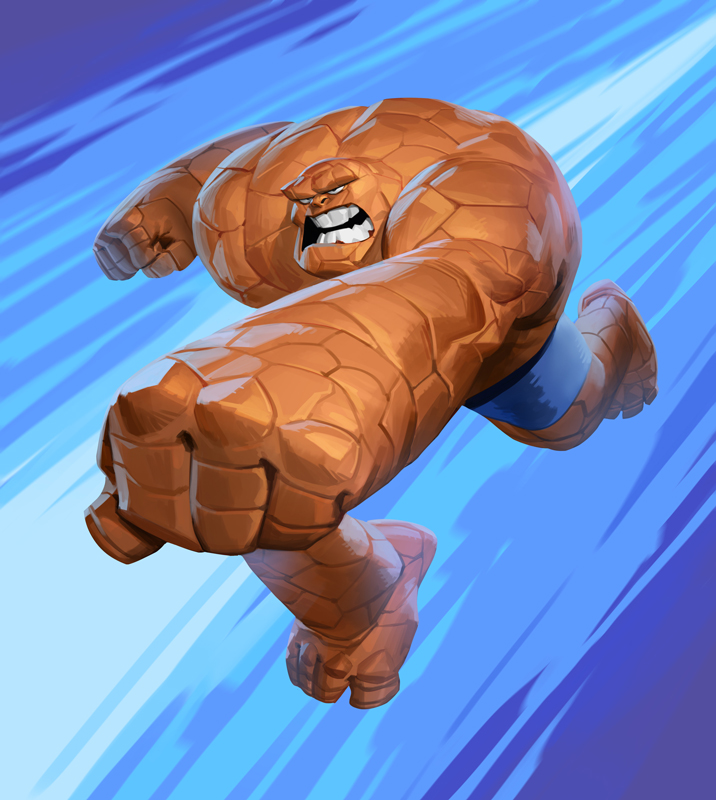 1boy, back_muscles, barefoot, ben_grimm, blue_background, blue_bodysuit, blue_jumpsuit, blue_pants