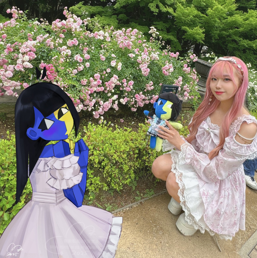 2girls, alternate_costume, black_hair, blue_skin, blunt_bangs, blunt_ends, character_doll, colored_skin