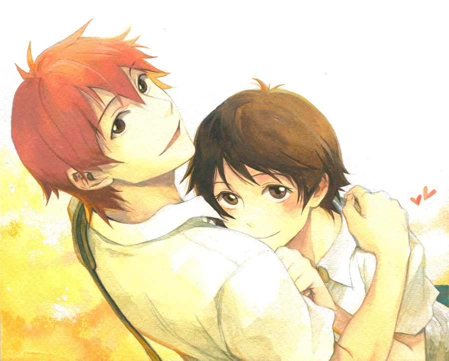 1girl, blush, brown_eyes, brown_hair, couple, cuddling, dress_shirt, from_above