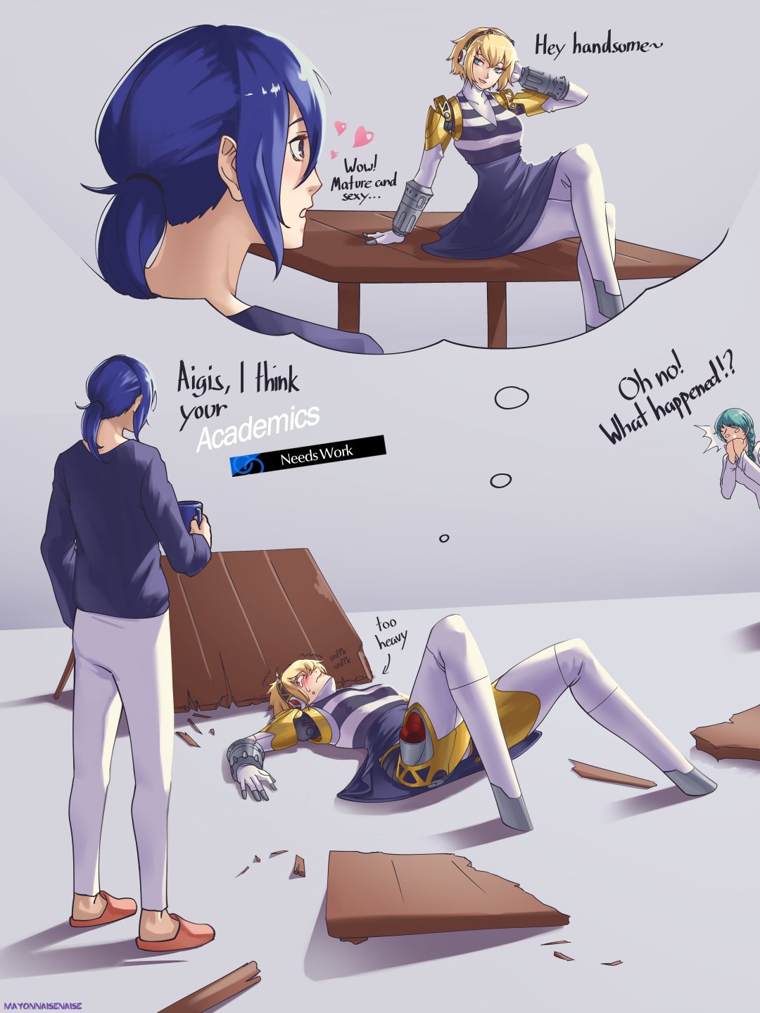 1boy, 2girls, aigis_(persona), android, blonde_hair, blue_hair, crying, dress
