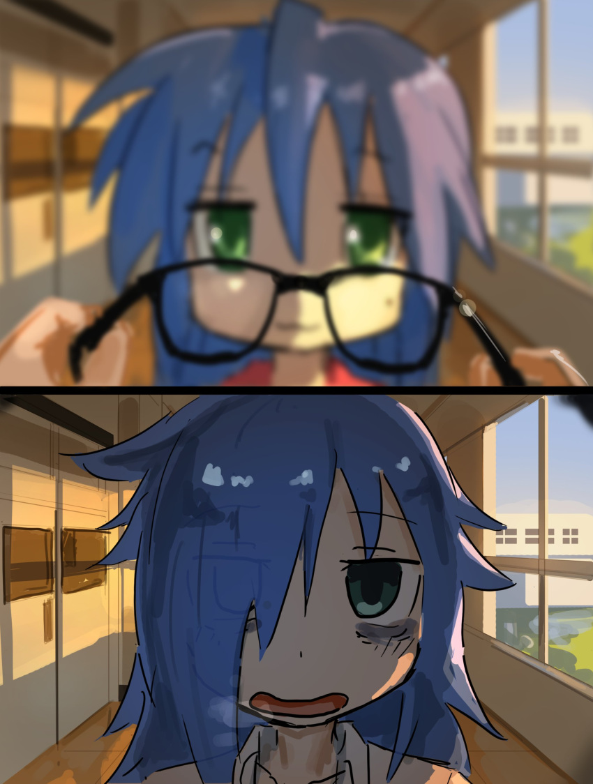 2girls, absurdres, bags_under_eyes, blonde_hair, blurry, depth_of_field, glasses, green_eyes, hair_over_one_eye, highres, izumi_konata, kuroki_tomoko, liamickpie, long_hair, lucky_star, messy_hair, mojyo, mole, mole_under_eye, multiple_girls, watashi_ga_motenai_no_wa_dou_kangaetemo_omaera_ga_warui!