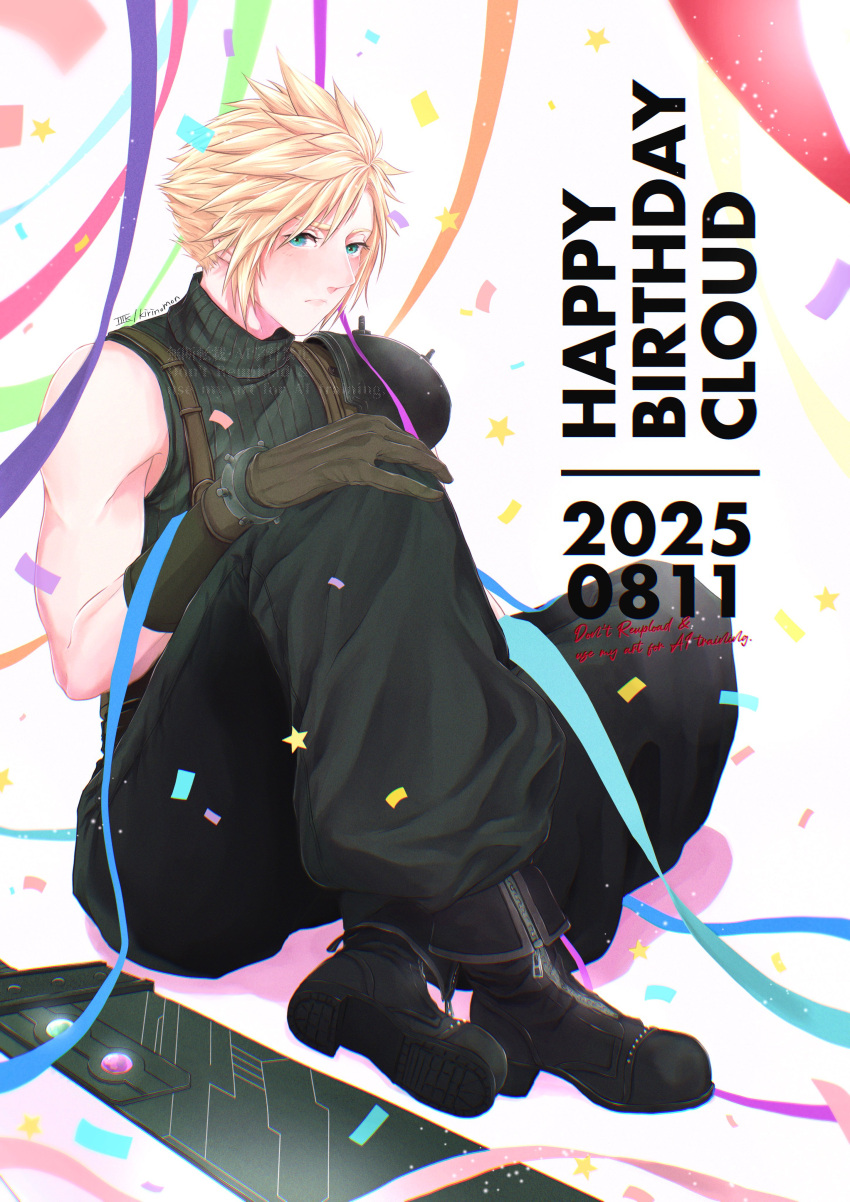 1boy, absurdres, armor, baggy_pants, birthday, blonde_hair, blue_eyes, blush