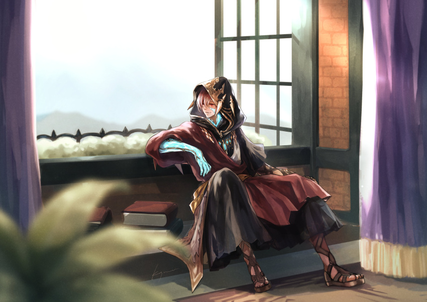 1boy, absurdres, arm_rest, black_robe, blurry, blurry_foreground, book, book_stack
