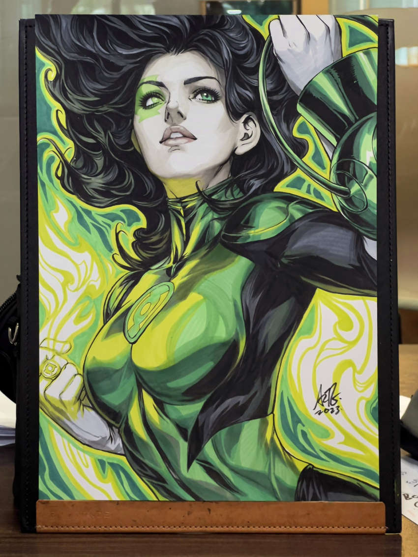 1girl, abstract_background, black_bodysuit, black_hair, bodysuit, colorful_background, dc_comics, facial_mark