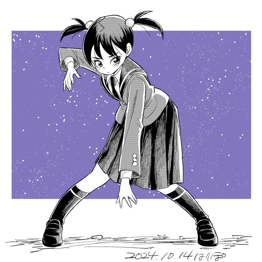 1girl, arm_up, artist_name, buttons, closed_mouth, collared_shirt, commentary, dated, fighting_stance, full_body, greyscale_with_colored_background, hair_bobbles, hair_ornament, hari_tabo42, highres, jacket, kneehighs, kurata_mikage, legs_apart, loafers, necktie, original, pleated_skirt, purple_background, sailor_collar, school_uniform, serafuku, shirt, shoes, short_twintails, signature, skirt, socks, solo, standing, twintails