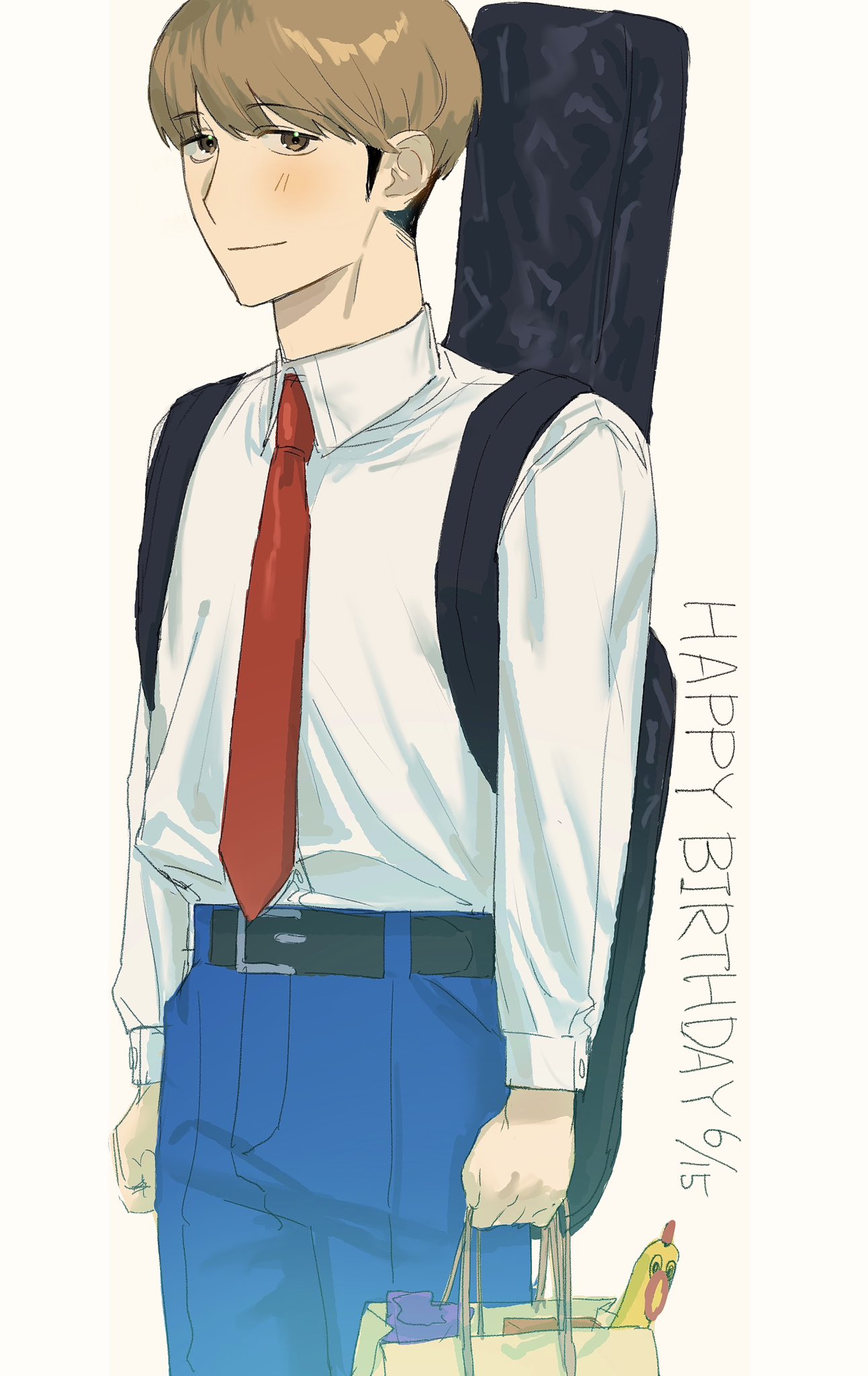 1boy, arms_at_sides, bag, belt, black_belt, black_hair, blue_pants, blush
