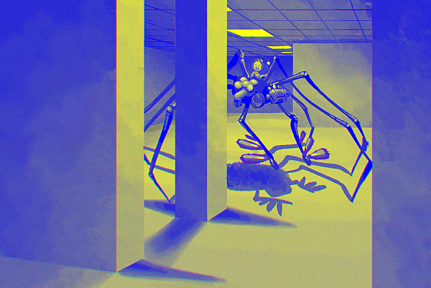 1boy, animal, big_nose, bug, ceiling, ceiling_light, closed_eyes, doorway