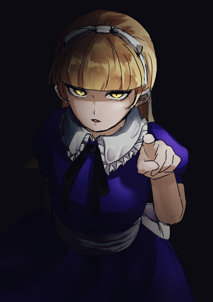 1girl, alice_(megami_tensei), black_background, blonde_hair, blue_dress, blunt_bangs, bow, bow_hairband, commentary_request, demon_(megami_tensei), dress, hairband, highres, long_hair, madwudaitai, open_mouth, partially_shaded_face, pointing, pointing_at_viewer, shin_megami_tensei, simple_background, slit_pupils, solo, white_bow, white_hairband, yellow_eyes