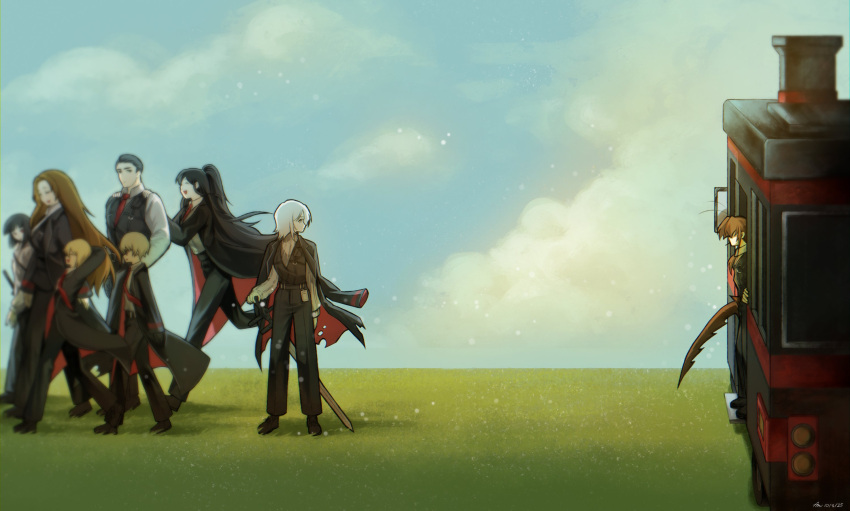 amithesmolsatan, bus, don_quixote_(project_moon), faust_(project_moon), grass, gregor_(project_moon), highres, hong_lu_(project_moon)