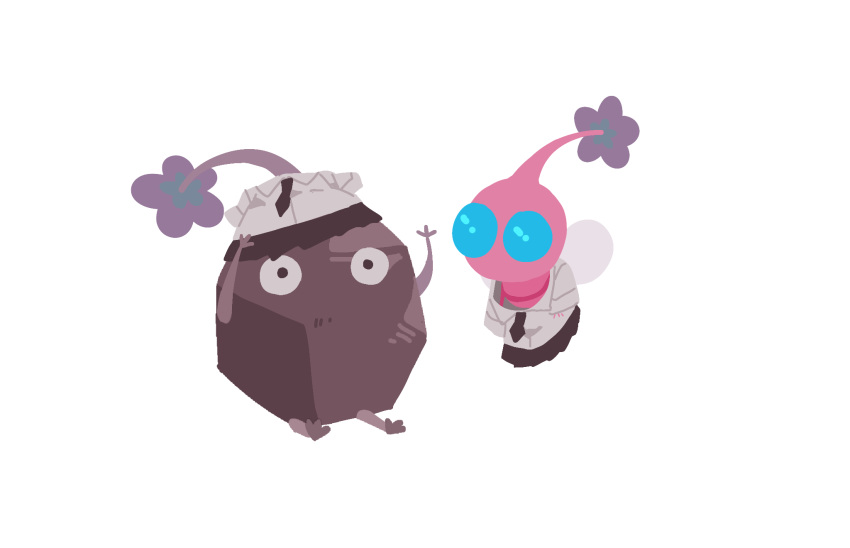 black_eyes, black_necktie, black_skin, black_skirt, blue_eyes, breast_pocket, collared_shirt, colored_skin, creature, creature_focus, dressing, flower, flying, highres, insect_wings, looking_at_viewer, miniskirt, necktie, no_humans, no_mouth, oversized_clothes, pikmin_(creature), pikmin_(series), pink_skin, pleated_skirt, pocket, purple_flower, rock, rock_pikmin, school_uniform, shirt, short_sleeves, simple_background, sitting, skirt, sleeve_cuffs, solid_circle_eyes, undersized_clothes, white_background, white_shirt, wide-eyed, winged_pikmin, wings, yu_pikmin