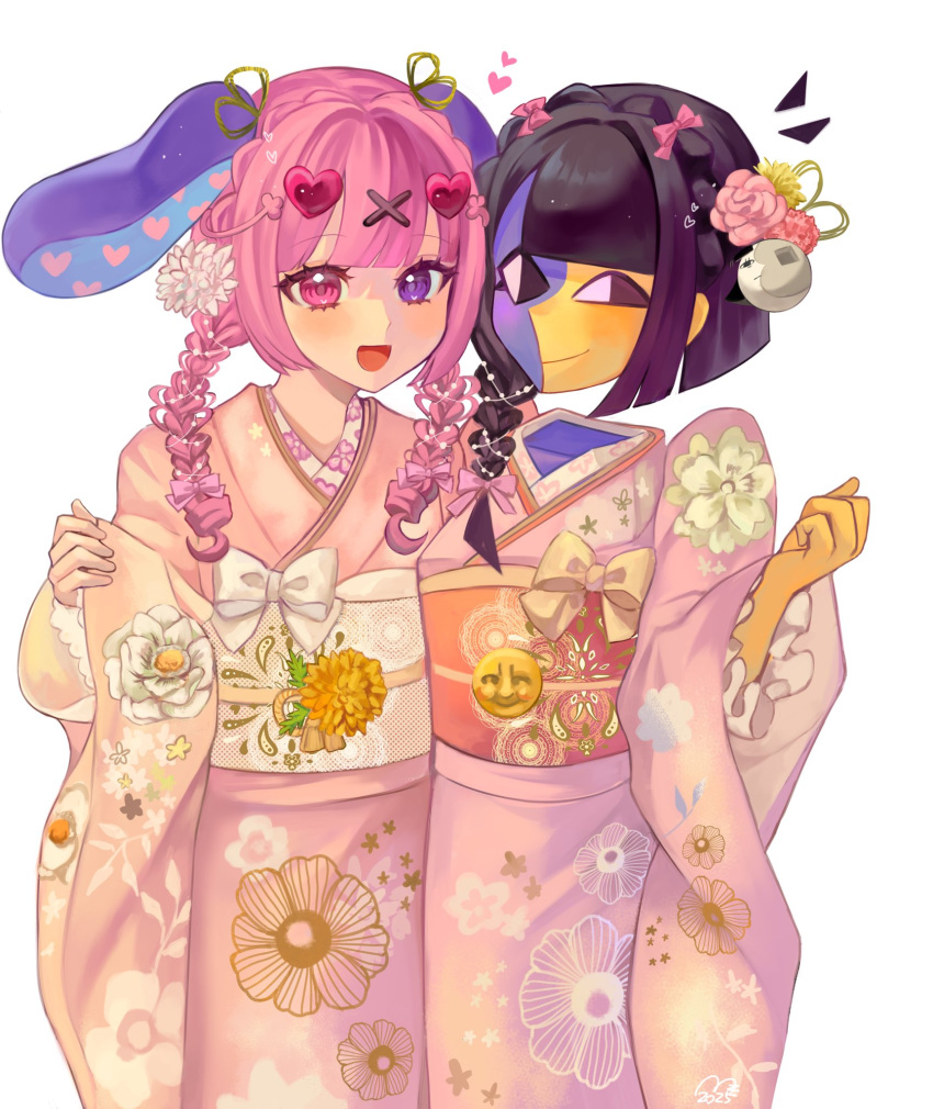 2girls, alternate_costume, artist_self-insert, black_eyes, black_hair, blue_skin, blunt_bangs, colored_skin