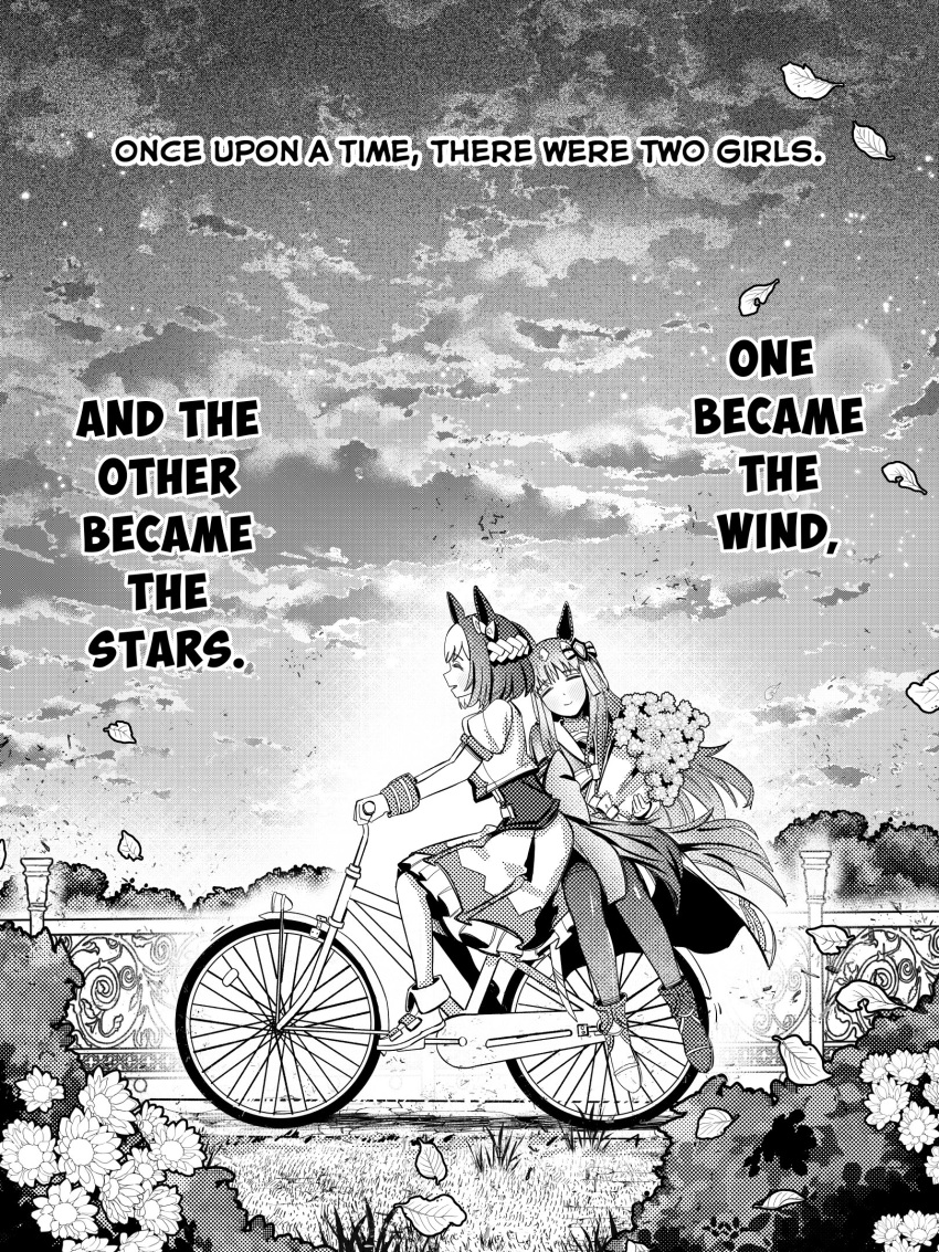 2girls, animal_ears, armband, asymmetrical_footwear, bicycle, blush, bouquet, bow
