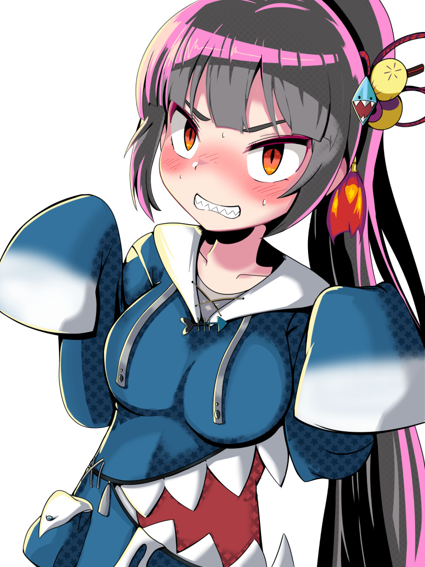 1girl, alicesoft, animal_costume, black_hair, blue_hoodie, blunt_bangs, blush, clenched_teeth