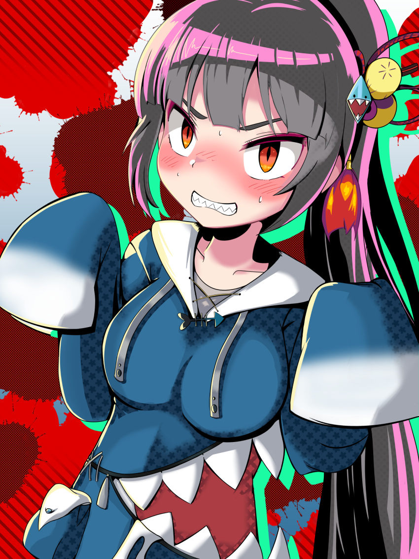 1girl, alicesoft, animal_costume, black_hair, blue_hoodie, blunt_bangs, blush, clenched_teeth
