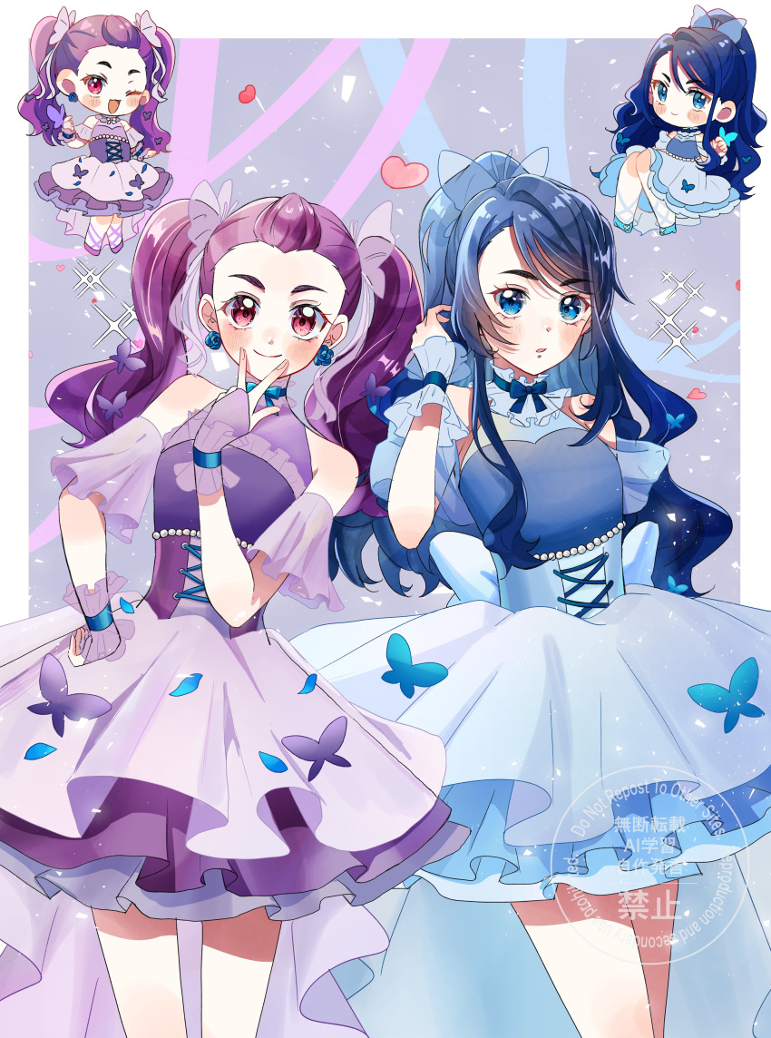 2girls, absurdres, asymmetrical_bangs, blue_dress, blue_eyes, blue_hair, blush, bow