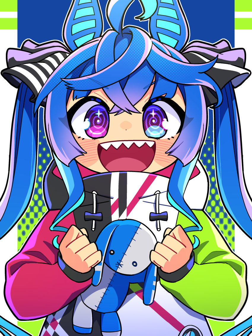 1girl, :d, @_@, absurdres, ahoge, animal_ears, aqua_hair, blue_eyes, blue_hair, blush, bow, clenched_hands, commentary_request, crossed_bangs, drawstring, hair_bow, halftone, hands_up, heterochromia, highres, hood, hoodie, horse_ears, horse_girl, long_hair, long_sleeves, looking_at_viewer, multicolored_hair, multicolored_hoodie, open_mouth, sharp_teeth, sidelocks, smile, solo, straight-on, striped_bow, stuffed_animal, stuffed_rabbit, stuffed_toy, sumikawa_(sumikawa8v), teeth, twin_turbo_(umamusume), twintails, two-tone_hair, umamusume, upper_body, upper_teeth_only, very_long_hair, violet_eyes