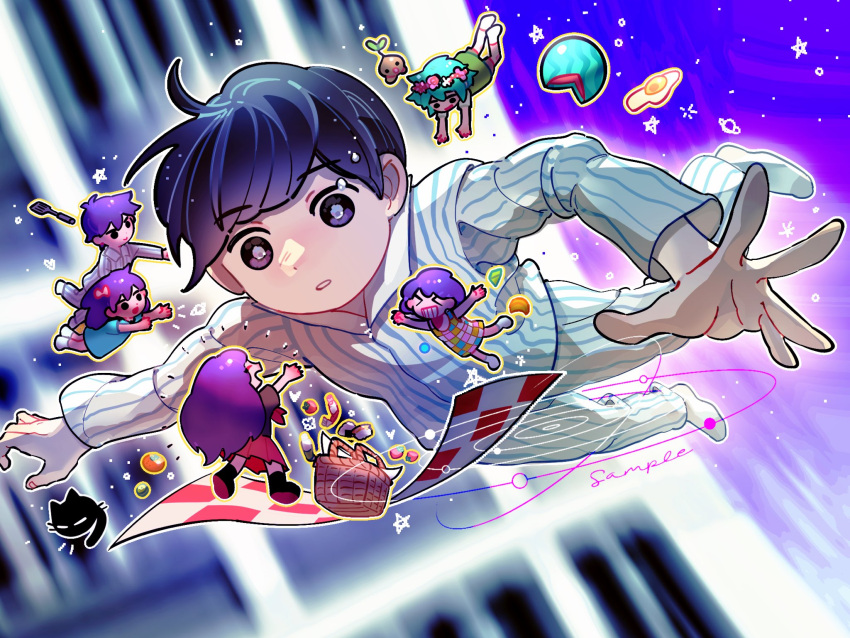 2girls, 4boys, alternate_costume, alternate_eye_color, aubrey_(headspace)_(omori), aubrey_(omori), basil_(headspace)_(omori), basil_(omori), black_eyes, black_hair, blue_shirt, bow, bright_pupils, cat, checkered_blanket, closed_mouth, food, fried_egg, fruit, green_hair, hair_bow, head_wreath, hero_(headspace)_(omori), hero_(omori), highres, kel_(headspace)_(omori), kel_(omori), long_hair, long_shirt, long_sleeves, looking_at_another, mari_(headspace)_(omori), mari_(omori), mewo, mini_person, miniboy, minigirl, multiple_boys, multiple_girls, neckerchief, omori, open_mouth, pajamas, parted_lips, picnic_basket, picnic_blanket, pink_bow, purple_hair, putao_tao_zi, red_neckerchief, red_skirt, shirt, short_hair, skirt, socks, spatula, sprout_mole, striped_clothes, striped_pajamas, sunny_(omori), t-shirt, tank_top, vertical-striped_clothes, vertical-striped_pajamas, watermelon, white_pupils, white_socks