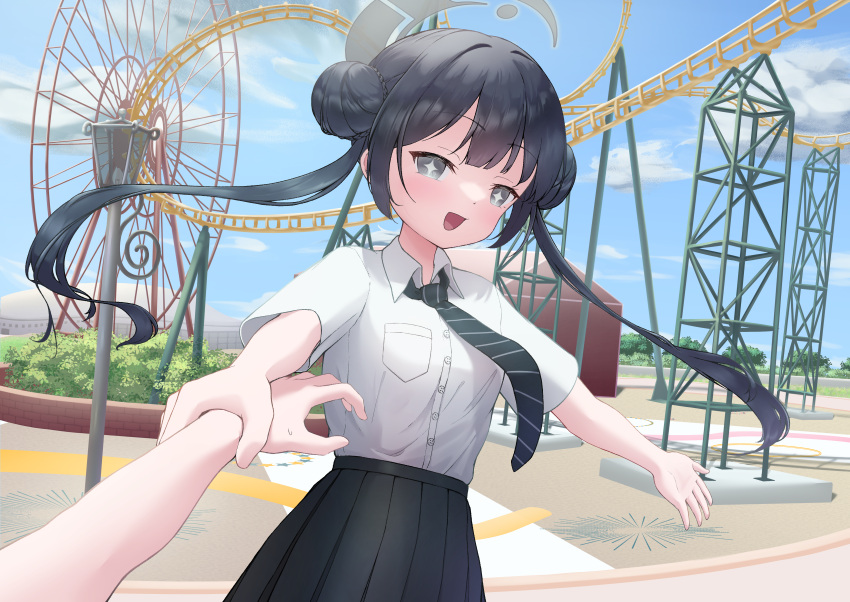 +_+, 1girl, absurdres, amusement_park, black_hair, blue_archive, blue_sky, clouds