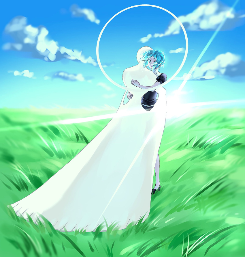 2others, aqua_eyes, aqua_hair, blue_sky, clouds, commentary_request, dual_persona, field