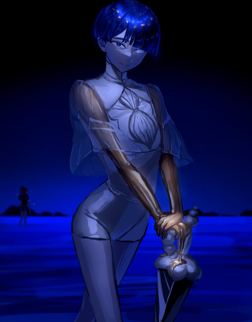 2others, blue_eyes, blue_sky, closed_mouth, eyelashes, ghg780850545501, hashtag-only_commentary, highres, horizon, houseki_no_kuni, looking_at_viewer, multiple_others, night, other_focus, parted_bangs, phosphophyllite_(ll), short_hair, sky, smile, solo_focus, standing
