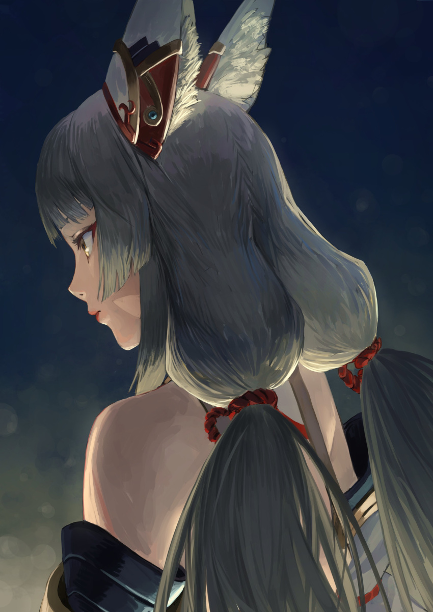1girl, absurdres, animal_ear_fluff, animal_ears, blunt_ends, cat_ears, cat_girl, commentary_request, from_behind, grey_eyes, grey_hair, highres, looking_ahead, low_twintails, nia_(blade)_(xenoblade), nia_(xenoblade), ponaponyo, red_lips, solo, twintails, upper_body, xenoblade_chronicles_(series), xenoblade_chronicles_2, yellow_eyes