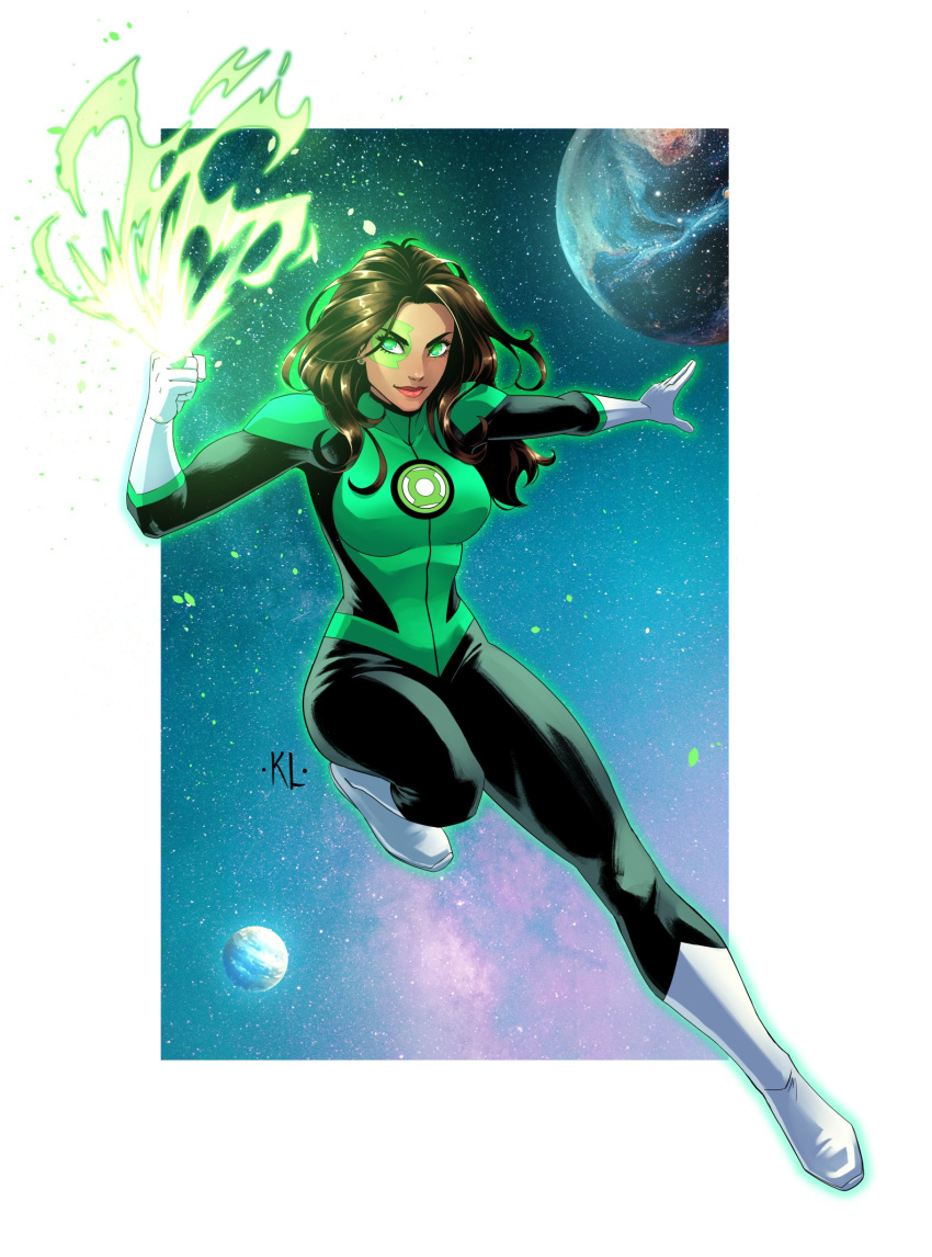 1girl, aura, black_bodysuit, bodysuit, boots, border, brown_hair, dc_comics