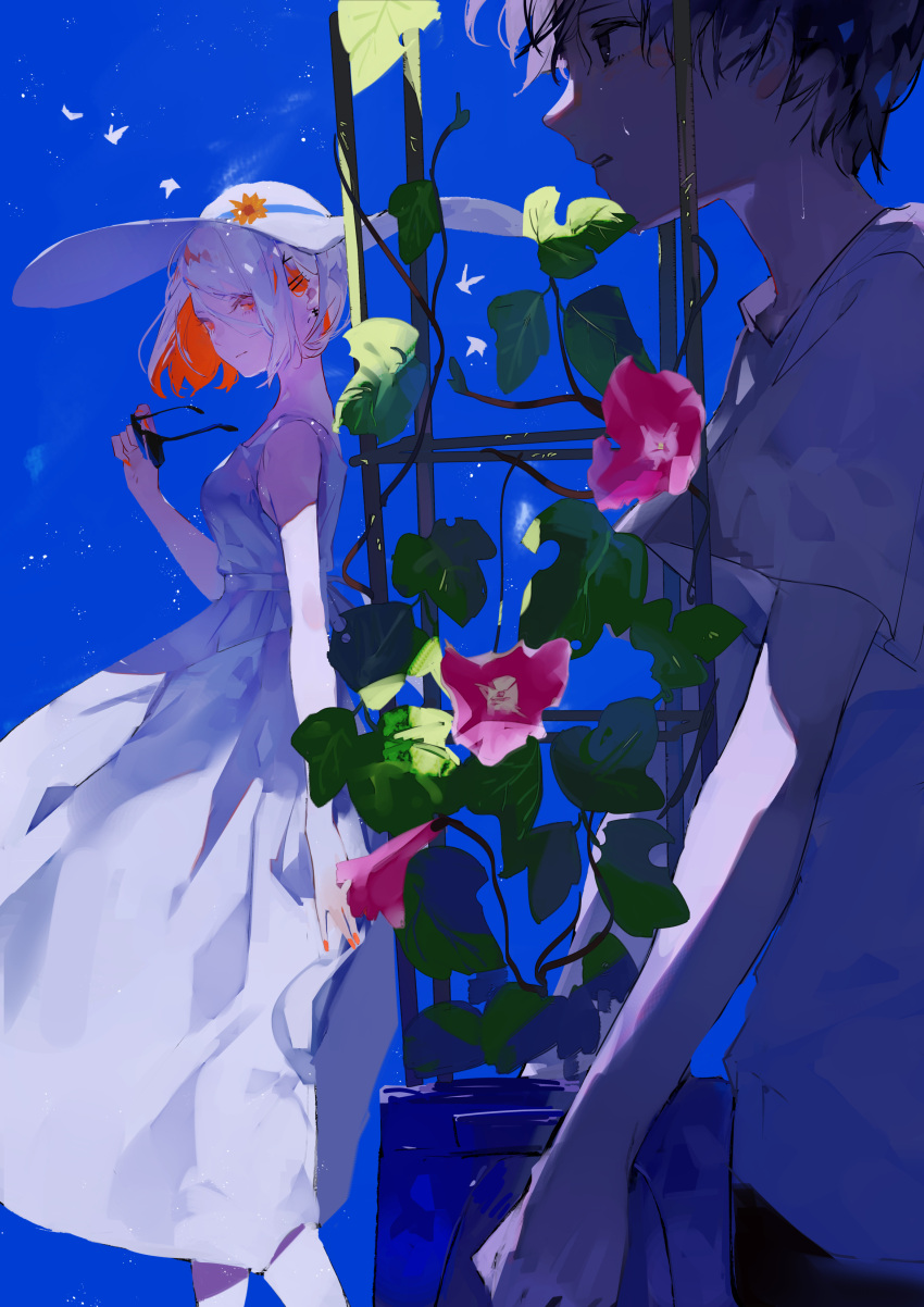 1boy, 1girl, absurdres, bird, blue_background, breasts, closed_mouth, colored_inner_hair, commentary, commentary_request, cowboy_shot, dress, fingernails, flower, from_side, grey_hair, hair_ornament, hairclip, hat, hat_flower, hat_ribbon, highres, holding, looking_ahead, looking_at_viewer, medium_breasts, multicolored_hair, orange_hair, orange_nails, original, pants, parallel_hairclips, parted_lips, plant, profile, removing_eyewear, ribbon, shirt, short_hair, sleeveless, sleeveless_dress, sundress, sunglasses, sweat, syokumura, trellis, unworn_eyewear, walking, white_bird, white_dress, white_hat, white_shirt, wide_brim