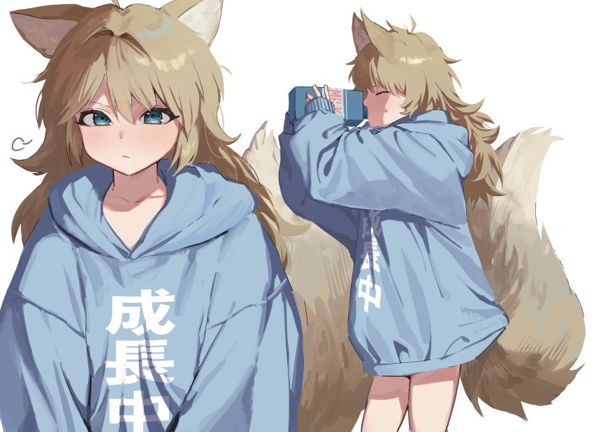 absurdres, ahoge, animal_ears, baggy_clothes, blonde_hair, blue_eyes, blue_hoodie, closed_eyes
