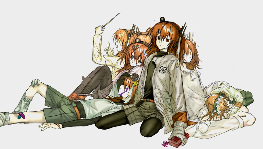 6+girls, a.i._voice, adachi_rei, aihan_suru_negai_(utau), alternate_costume, bandaid, bandaid_on_leg, clothes_pin, conductor_baton, flower_wreath, gauze_on_knee, gloves, grey_shorts, hair_ornament, head_wreath, highres, hirune_(suiminbusoku118), holding, jacket, leaning_on_person, long_sleeves, looking_at_viewer, lying, mawaru_sentaku_net_(utau), multiple_girls, multiple_persona, nariyamanai_yorokobi_to_tomo_ni!_(utau), netsu_ijou_(utau), on_back, open_clothes, open_jacket, orange_eyes, orange_hair, shorts, shuuten_chi_e_kiete_(utau), sitting, tougenkyou_e_ikou_(utau), utau, white_background, white_gloves, white_jacket
