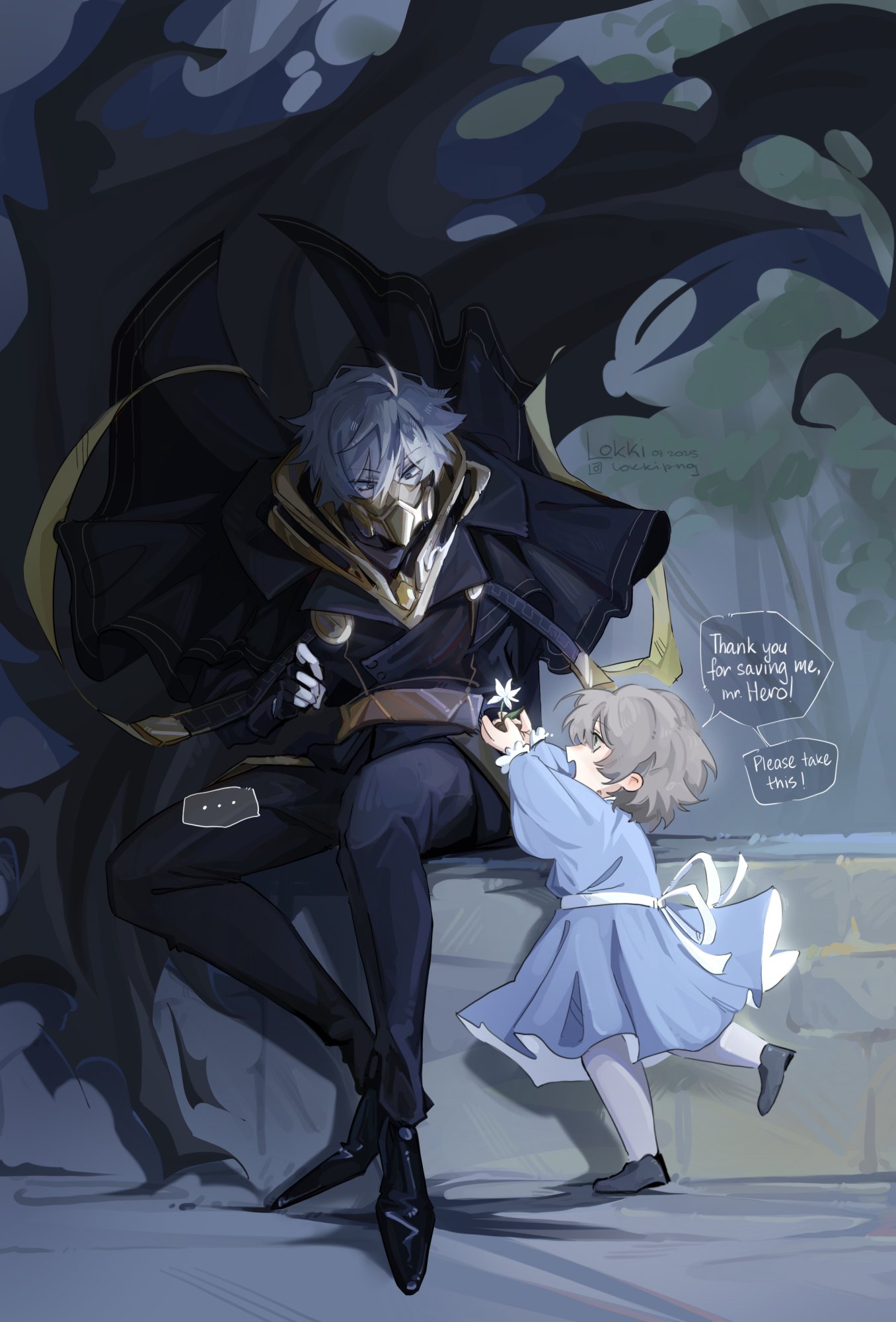 ..., 1boy, 1girl, antenna_hair, belt, black_cape, black_eyes, black_jacket
