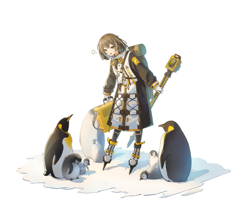 1girl, :d, arknights, backpack, bag, bird, bird_mask, black_coat, brown_hair, brown_pantyhose, coat, emperor_penguin, faux_figurine, full_body, gloves, highres, holding, holding_suitcase, leaning_forward, looking_at_viewer, magallan_(arknights), mask, mask_around_neck, multicolored_coat, multicolored_hair, open_mouth, pantyhose, penguin, sanzio76, shoes, short_hair, skates, smile, snow, solo, streaked_hair, suitcase, two-tone_coat, white_background, white_coat, white_gloves, white_hair, white_shoes, yellow_eyes