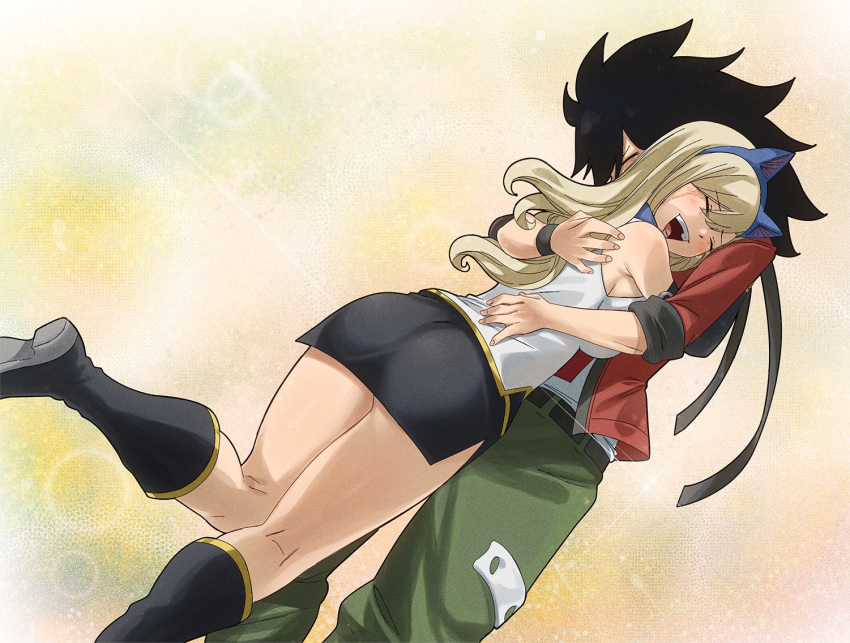 1boy, 1girl, animal_ear_hairband, animal_ears, black_boots, black_hair, black_skirt, blonde_hair