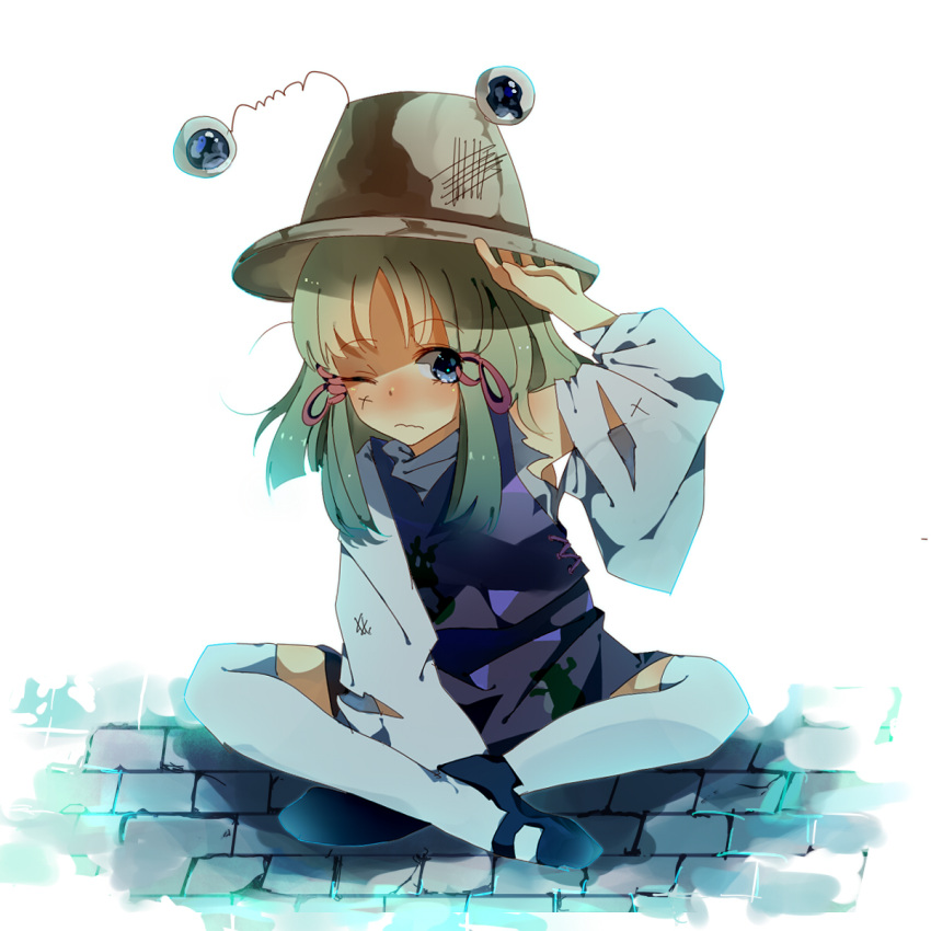 adjusting_hat, blonde_hair, blue_eyes, detached_sleeves, hat, highres, indian_style, injury