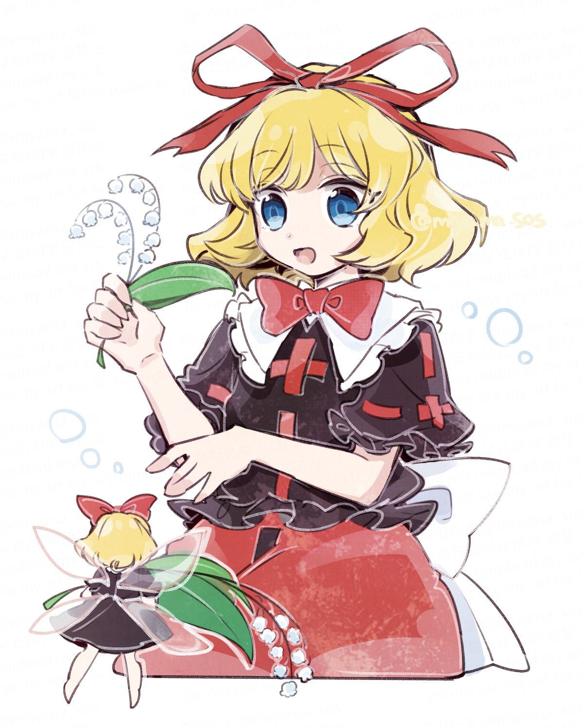 2girls, artist_name, black_shirt, black_skirt, blonde_hair, blue_eyes, bow, fairy_wings