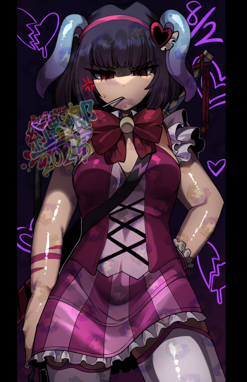 1girl, adapted_costume, anger_vein, animal_ears, beniyarou, black_background, black_hair, bob_cut