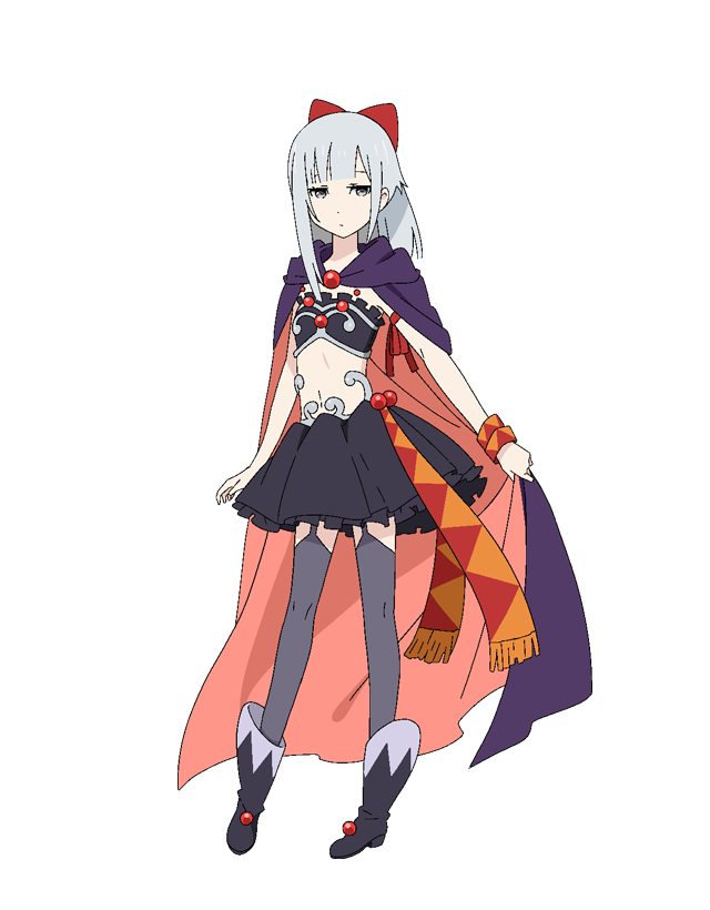 1girl, anime_coloring, black_skirt, blunt_bangs, boots, bow, cloak, closed_mouth, full_body, garter_straps, grey_boots, grey_eyes, grey_garter_straps, grey_hair, looking_at_viewer, maou-sama_retry!, nakayama_chiyo, navel, official_art, pleated_skirt, purple_cloak, red_bow, sidelocks, simple_background, skirt, solo, standing, strapless, transparent_background, tube_top, yukikaze_(maou-sama_retry!)