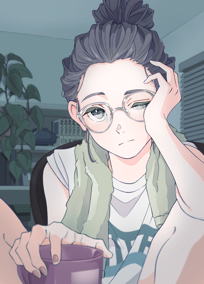 1girl, bangs_pinned_back, closed_mouth, colored_eyelashes, commentary_request, cup, expressionless, fingernails
