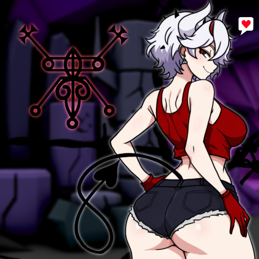 1girl, ass, beelzebub_(helltaker), black_shorts, breasts, closed_mouth, demon_girl, demon_tail, demon_wings, denim, denim_shorts, earrings, fujita_yoshinobu_(ksk_oda), gloves, heart, helltaker, highres, jewelry, large_breasts, looking_at_viewer, micro_shorts, red_eyes, red_gloves, short_hair, shorts, smile, solo, speech_bubble, spoken_heart, tail, wings