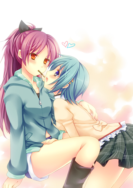 bare_legs, blue_eyes, blue_hair, blush, boots, endyy, face-to-face, face_to_face