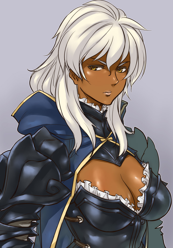 breasts, brown_eyes, cleavage, dark_skin, frills, gus_(clarkii), lips, long_hair
