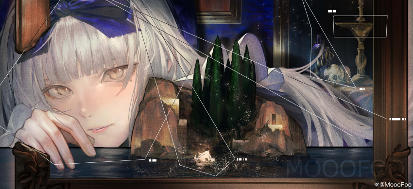 absurdres, blue_bow, blunt_bangs, boat, bottle, bow, choppy_bangs, close-up