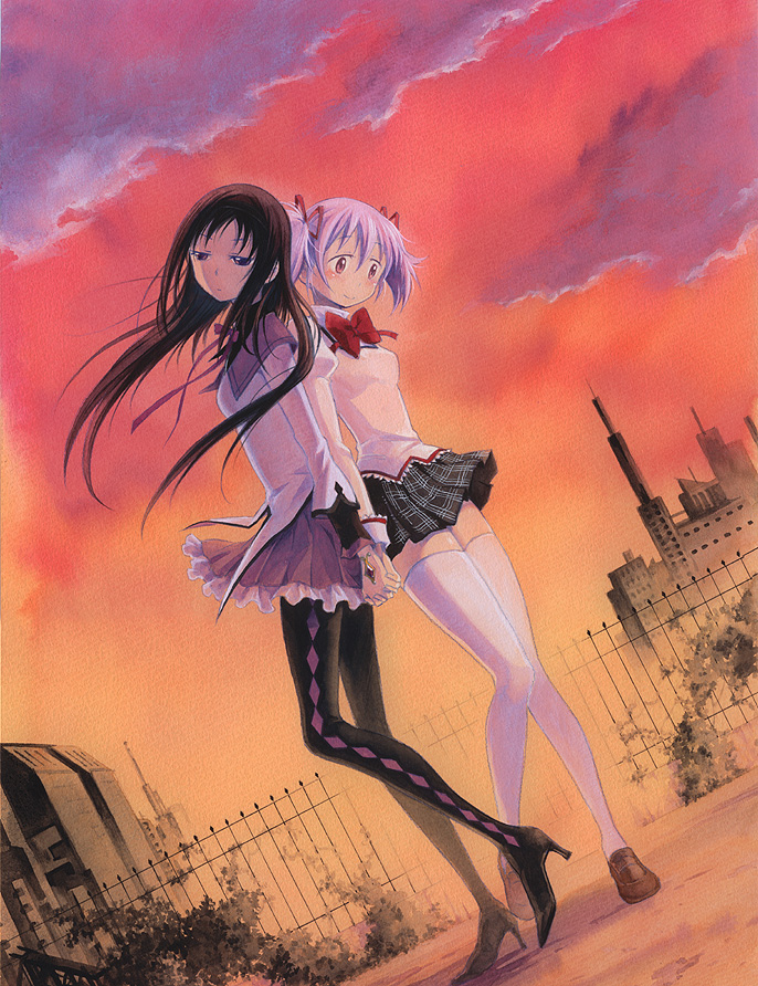 akemi_homura, back-to-back, black_hair, black_legwear, blush, boots, building, cloud