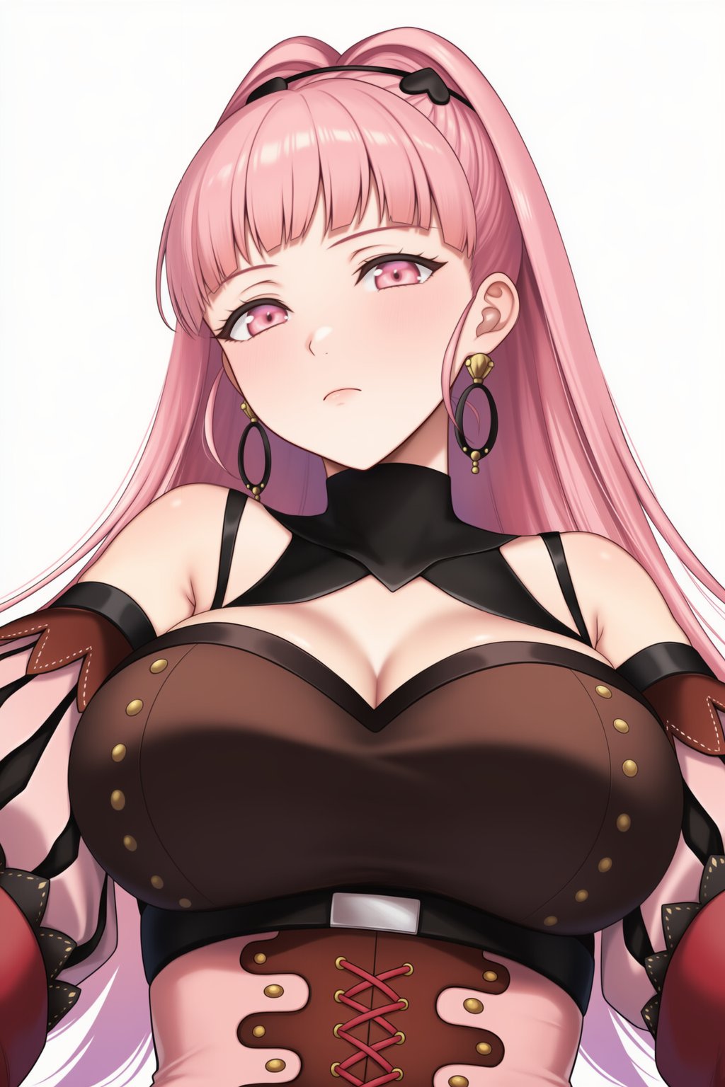 1girl, annoyed, breasts, earrings, fire_emblem, fire_emblem:_three_houses, highres, hilda_valentine_goneril, hilda_valentine_goneril_(timeskip), jewelry, large_breasts, looking_at_viewer, looking_down, original, pink_eyes, pink_hair, ponytail, pyo_3300