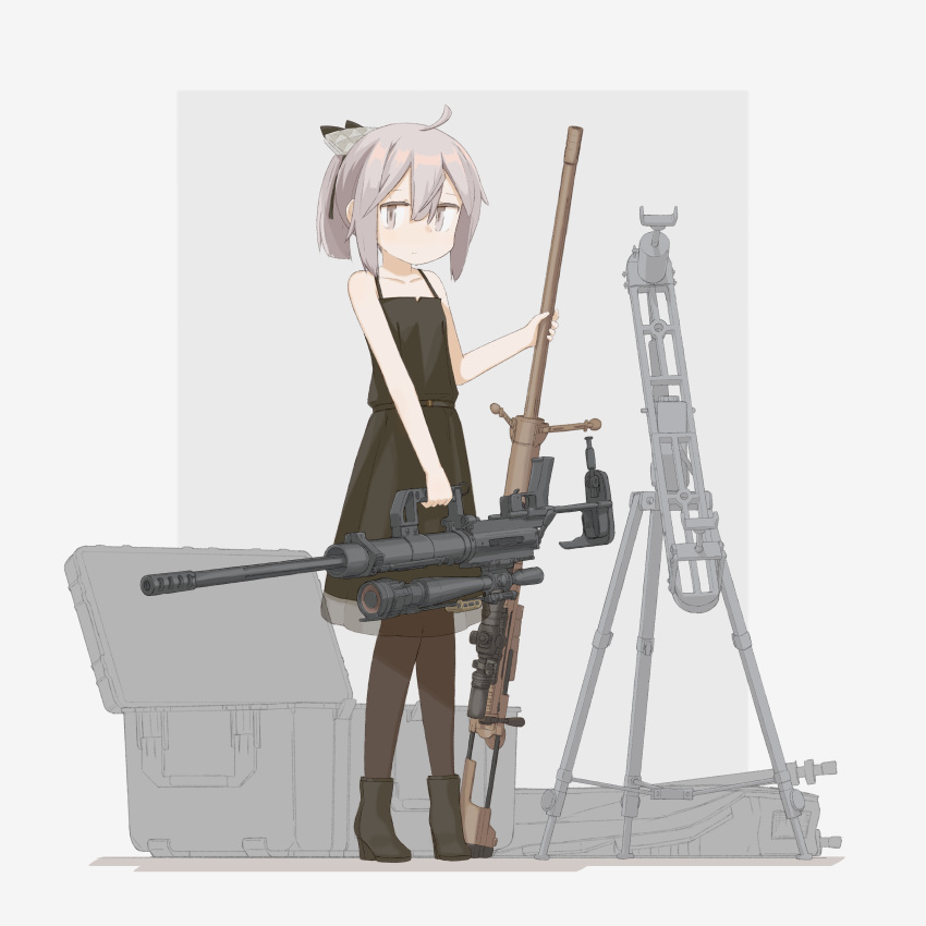 1girl, absurdres, black_boots, black_dress, bolt_action, boots, cheytac_m200, closed_mouth