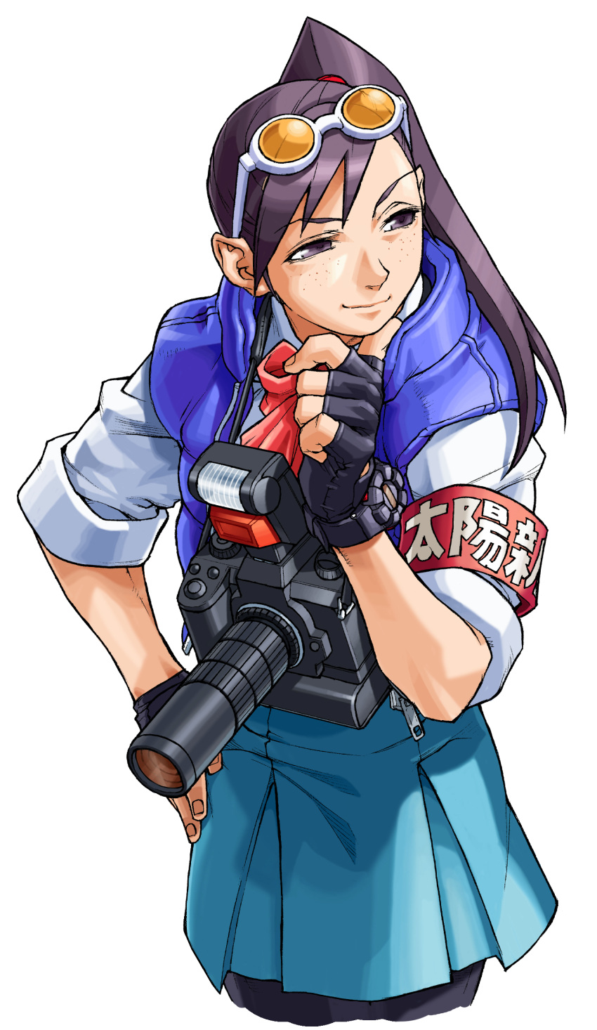 1girl, absurdres, armband, black_gloves, blue_skirt, blue_vest, bow, brown_eyes, camera, cropped_legs, down_vest, edaki_shin'ya, eyewear_on_head, finger_to_own_chin, fingerless_gloves, game_cg, gloves, half-closed_eyes, hand_on_own_hip, hand_up, hibiki_ran, highres, leggings_under_skirt, looking_to_the_side, non-web_source, official_art, open_clothes, open_vest, pink_bow, ponytail, project_justice, rival_schools, simple_background, skirt, sleeves_rolled_up, smile, solo, sunglasses, vest, watch, watch, white_background