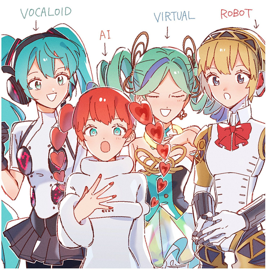 4girls, aigis_(persona), android, arrow_(symbol), black_gloves, blonde_hair, blue_eyes, bow, bowtie, breasts, bui_(p5x), closed_eyes, commentary, crossover, dress, drill_hair, earrings, english_text, gloves, hair_between_eyes, hatsune_miku, headphones, highres, jewelry, long_hair, long_sleeves, multicolored_hair, multiple_girls, nail_polish, open_mouth, paitan1007, persona, persona_3, persona_5, persona_5:_the_phantom_x, persona_5_scramble:_the_phantom_strikers, red_hair, red_nails, short_hair, simple_background, sophia_(p5s), strapless, strapless_dress, streaked_hair, symbol-only_commentary, twin_drills, twintails, vocaloid, white_background, yui_(p5x)